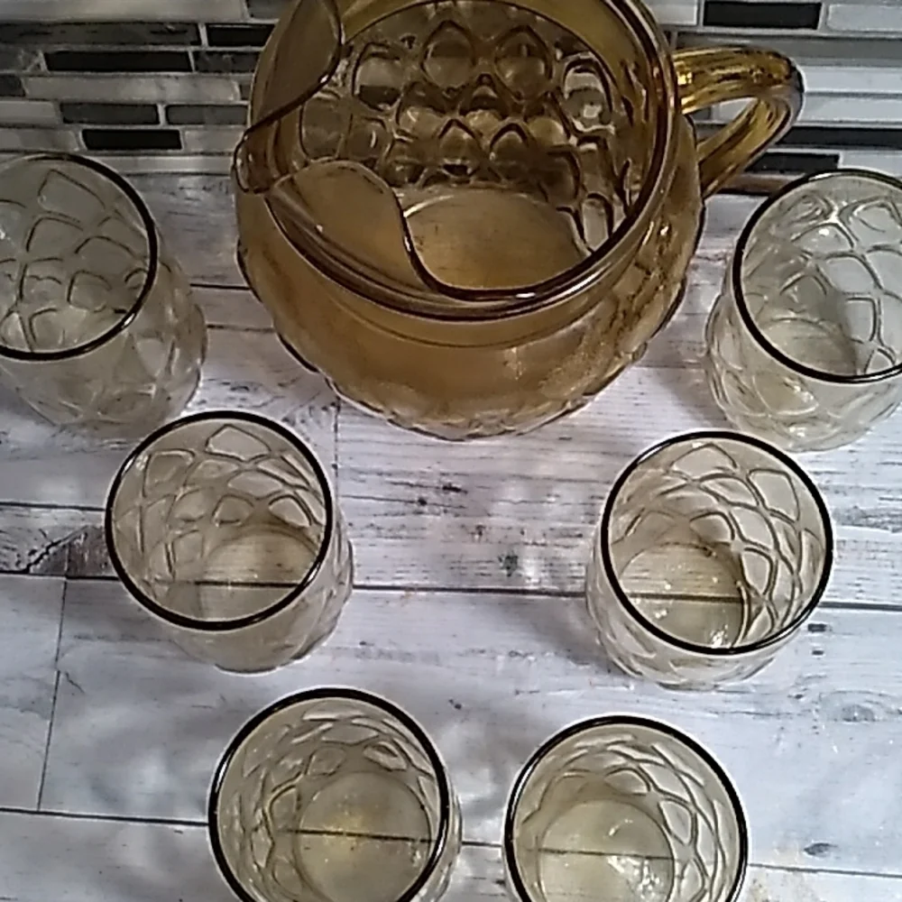 Vintage amber glass pitcher glasses set